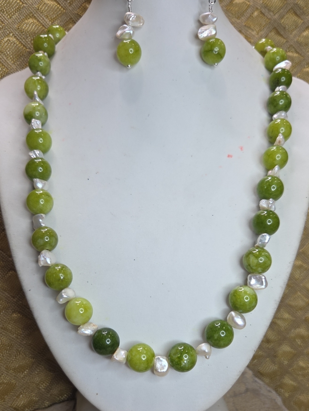 Green Jade Bead Necklace And Earrings with Freshwater Pearl Accents